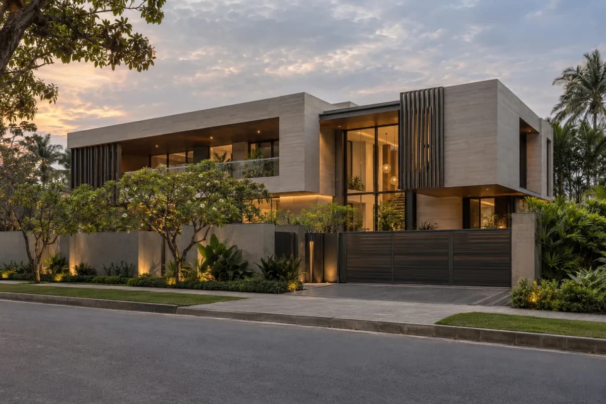 A finished modern villa at dusk, lights on, gate closed: the home you actually get when someone checks the details.