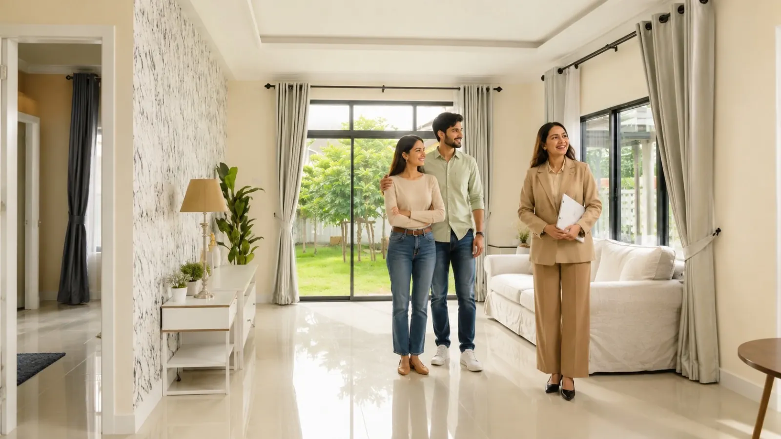Advisor showing a couple around a shortlisted home