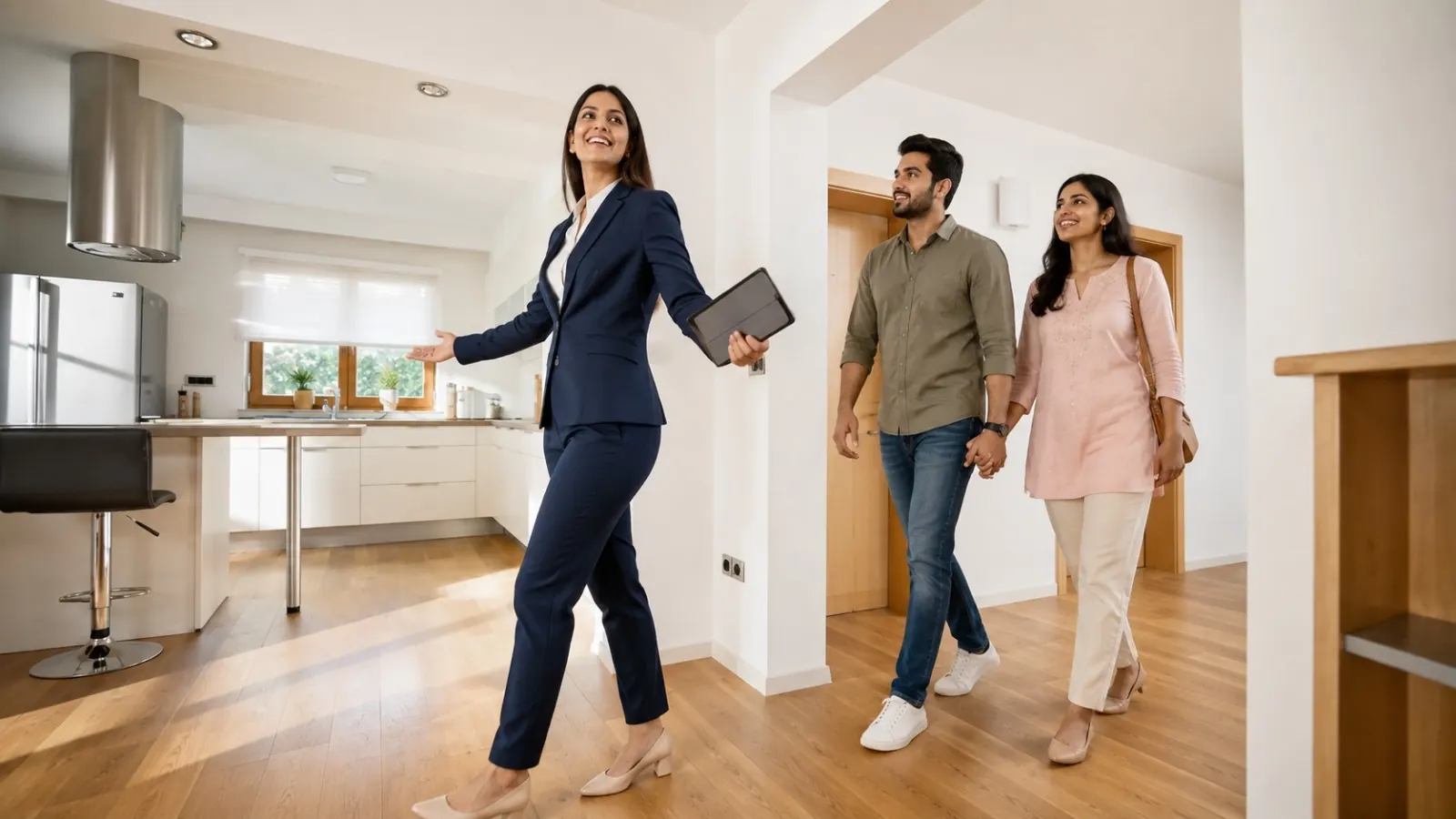 Advisor walking a couple through a home during a site visit